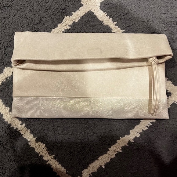 NWOT Faux Leather White / Iridescent Foldover Envelope Clutch with Tassel Zipper - Picture 1 of 7